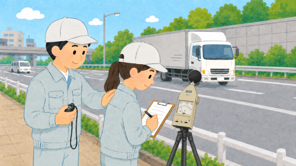 アナログ騒音計を使った5秒50回法による道路騒音測定のイラスト